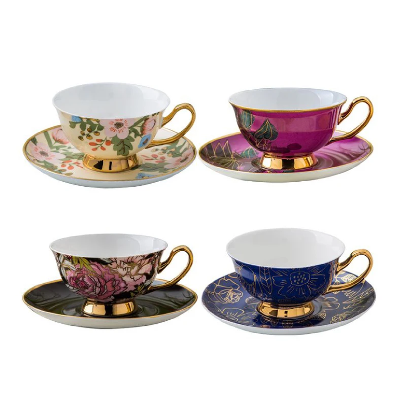 Fancy luxury elegant golden handle floral teacup ceramic coffee tea cup saucers sets