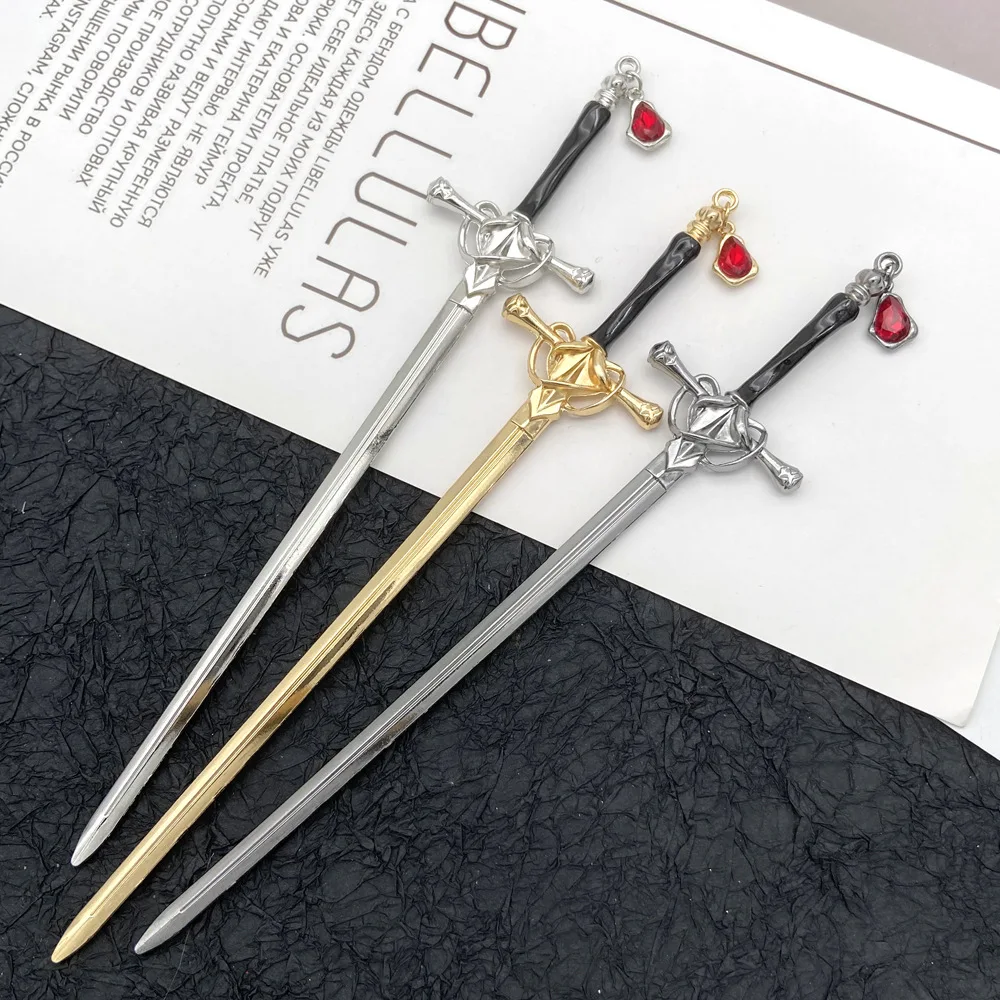 20.5cm Long Alloy Sword Hairpin Metal Hair Stick Forks With Red Rhinestone tassel For  DIY Ancient Style Hanfu Headwear