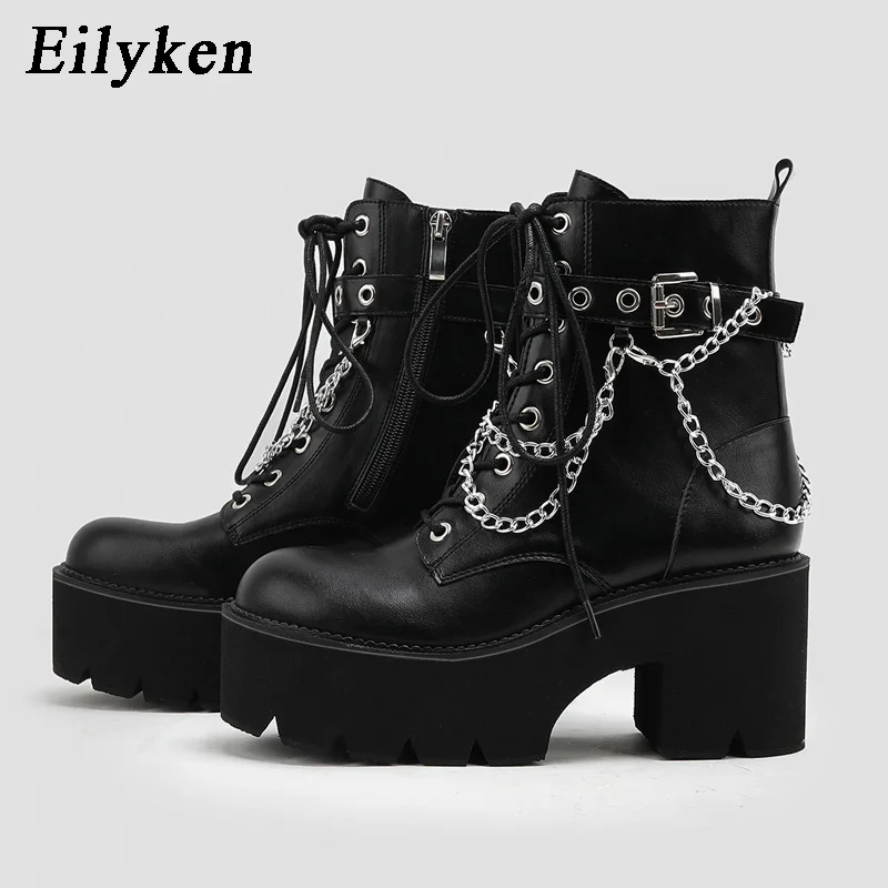 Eilyken Big Size 43 Silver CHAIN Gothic Style Ankle Boots Women Chunky Heel Platform Black Zipper Martin Booties Party Shoes
