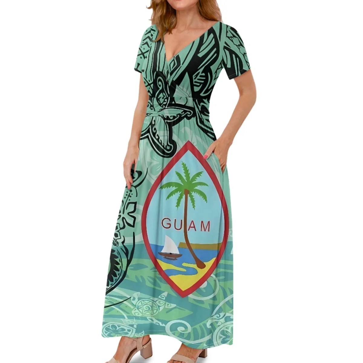 Custom Guam Flag Dresses With Pockets Women Polynesian Tattoo Design Deep V-neck Dress Summer Short Sleeve Party Dres Wholesale
