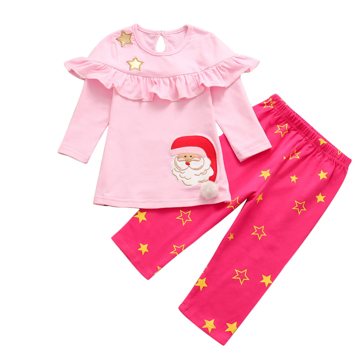 Girl Clothing Set Cute Pink Ruffle Long Sleeve Shirt +Star Rose Pink Pants 2 pcs Kid Coming Home Outfit for Christmas Season