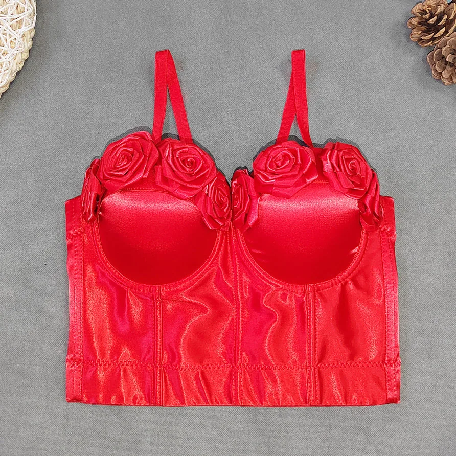Manufactory Satin Silk 3D Straps Sexy Women Ladies Girls Boned Corselet Bustier Padded Crop Overbust Corset Flower Top Boning