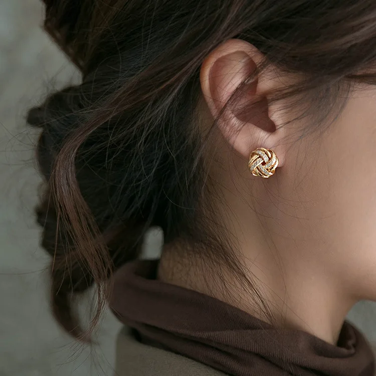 hot selling18k gold plated Geometry Chunky wire Ball 925 sterling silver zircon Twisted Knot stud earrings18k real gold earrings