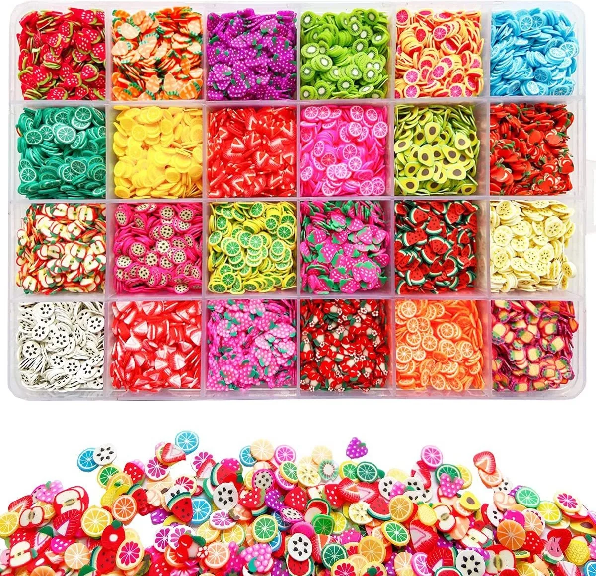DIY 24 grids boxed Nail fruit soft ceramic chips Cute Design Art fruit Stick on Nails Slim Filler Mobile Phone Case Decoration