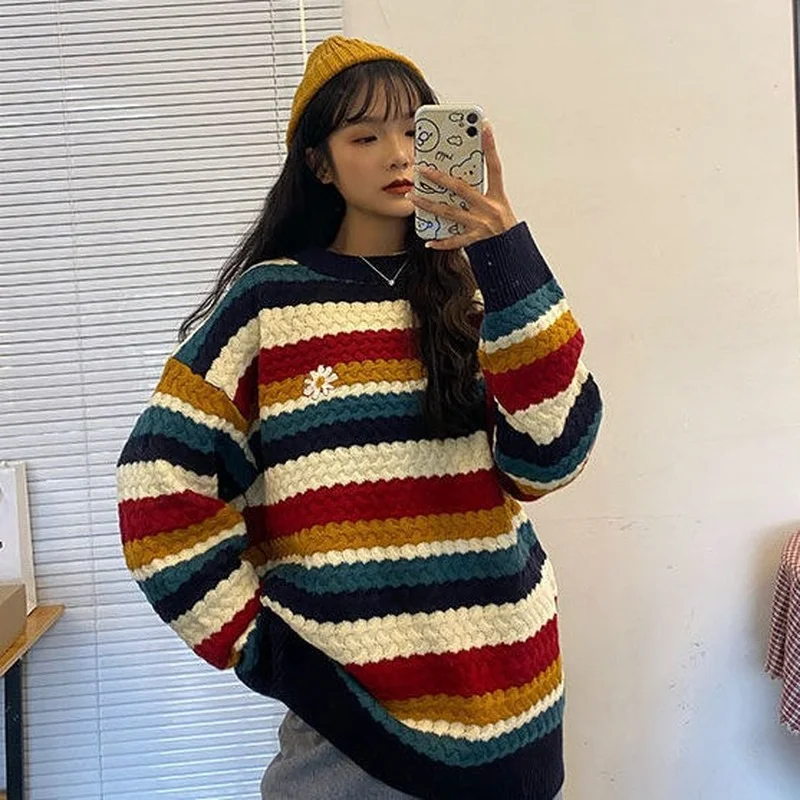 Korean Fashion Rainbow Striped Women Cardigan Sweater Winter Oversize Kawaii Vintage Long Sleeve Jumper Female Harajuku