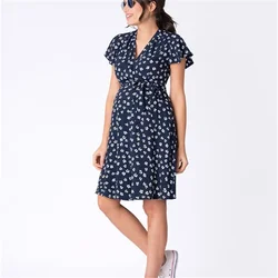 Navy Floral Wrap nursing breastfeeding clothes Maternity Dress woven midi dress