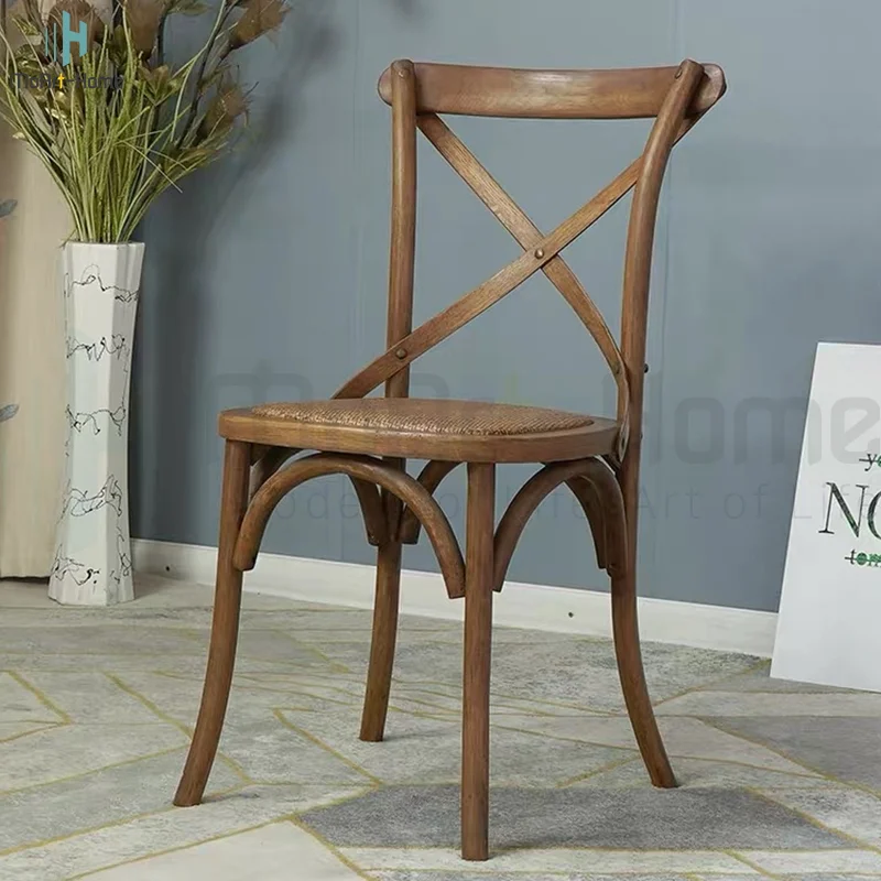 
Low Price Restaurant Chair Stackable Solid Wood Cross Back Wooden Dining Chair 