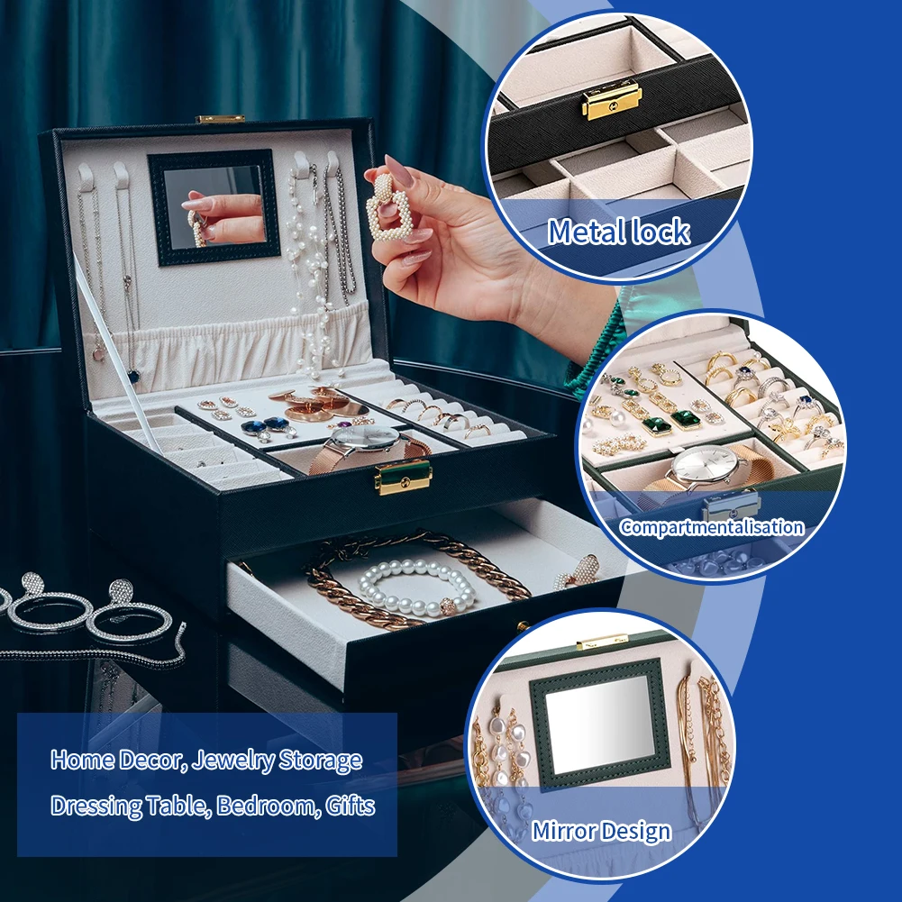 Custom fashion multi-functional jewelry box Multi-layer design large capacity leather storage jewelry, necklace storage