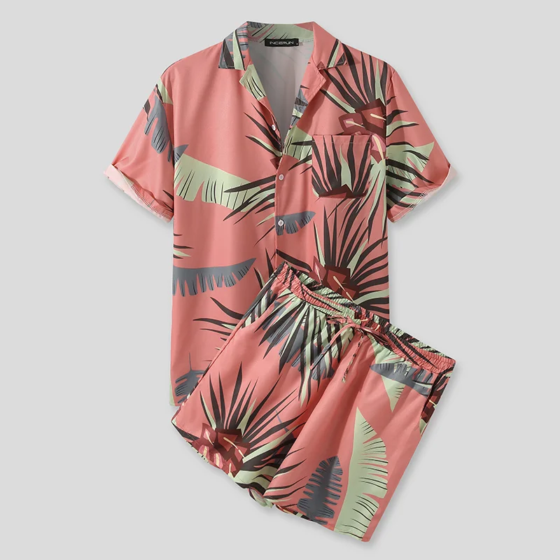 Summer Men Hawaiian Style Printing Short Sleeve Nylon Button Shirt And Beach Shorts Set For Men