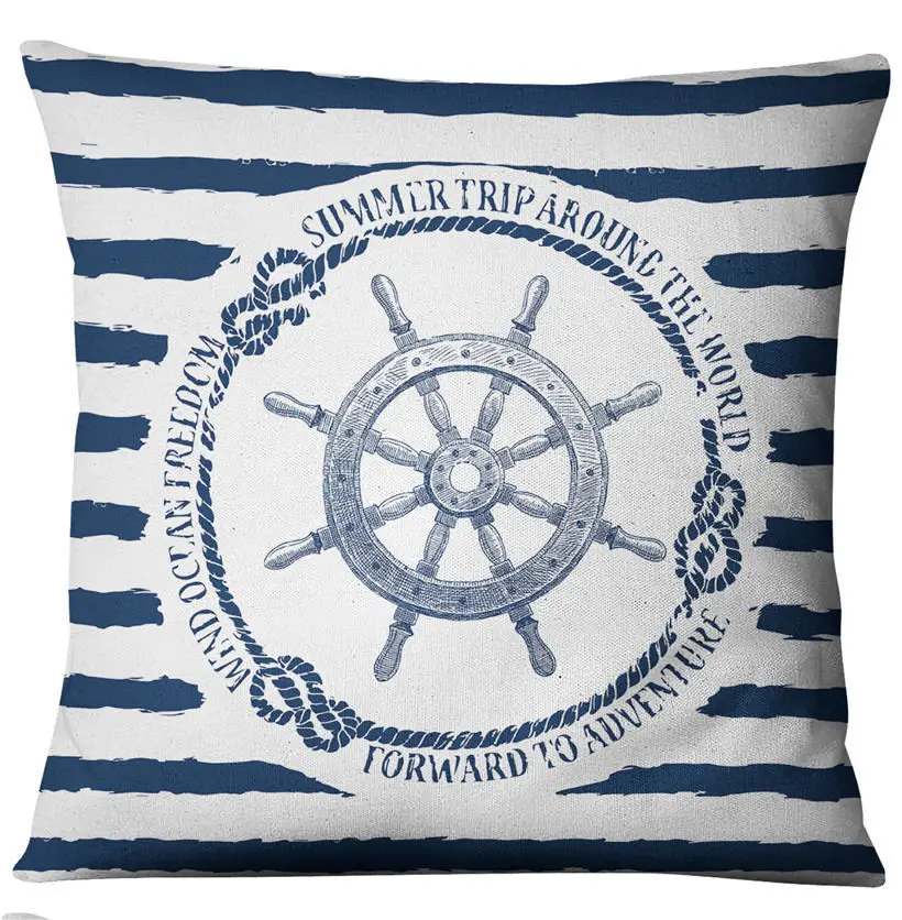 Ocean Nautical Anchor Blue White Striped Square Pillow Covers Linen Cushion Case for Home
