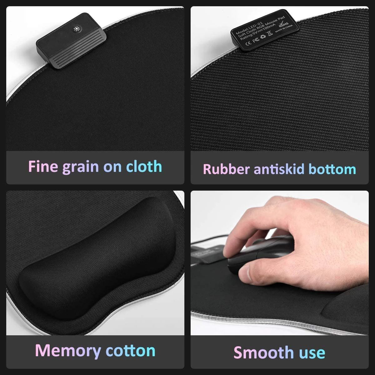  Non-Slip Rubber Base Ergonomic Mousepad with Memory Foam Wrist Rest Luminous LED Light RGB Mouse Pad