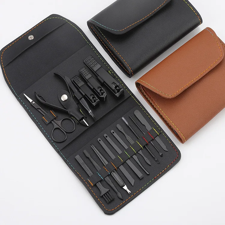 16Pcs High Quality Black Nail Scissors Grooming Kit Professional Manicure & Pedicure Set