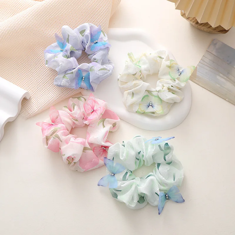 French Camellia Three-dimensional Butterfly Large Elastic Hair Bands Summer Rhinestone Scrunchies Girl Hair Accessories