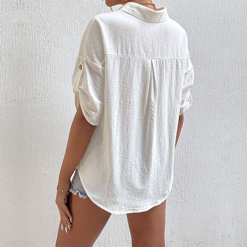 Latest arrivals 2022 summer ladies white blouse female solid short sleeve loose elegant shirt women casual blouses