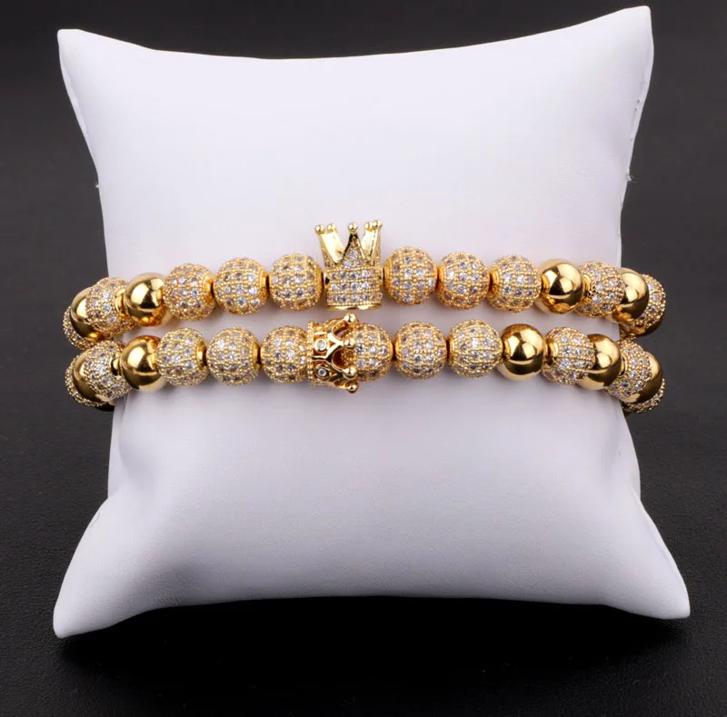 High Quality Luxury CZ Pave Crown Real Gold Plated Queen&King Crown Charm Bead Macrame Couple Bracelet For Women Men