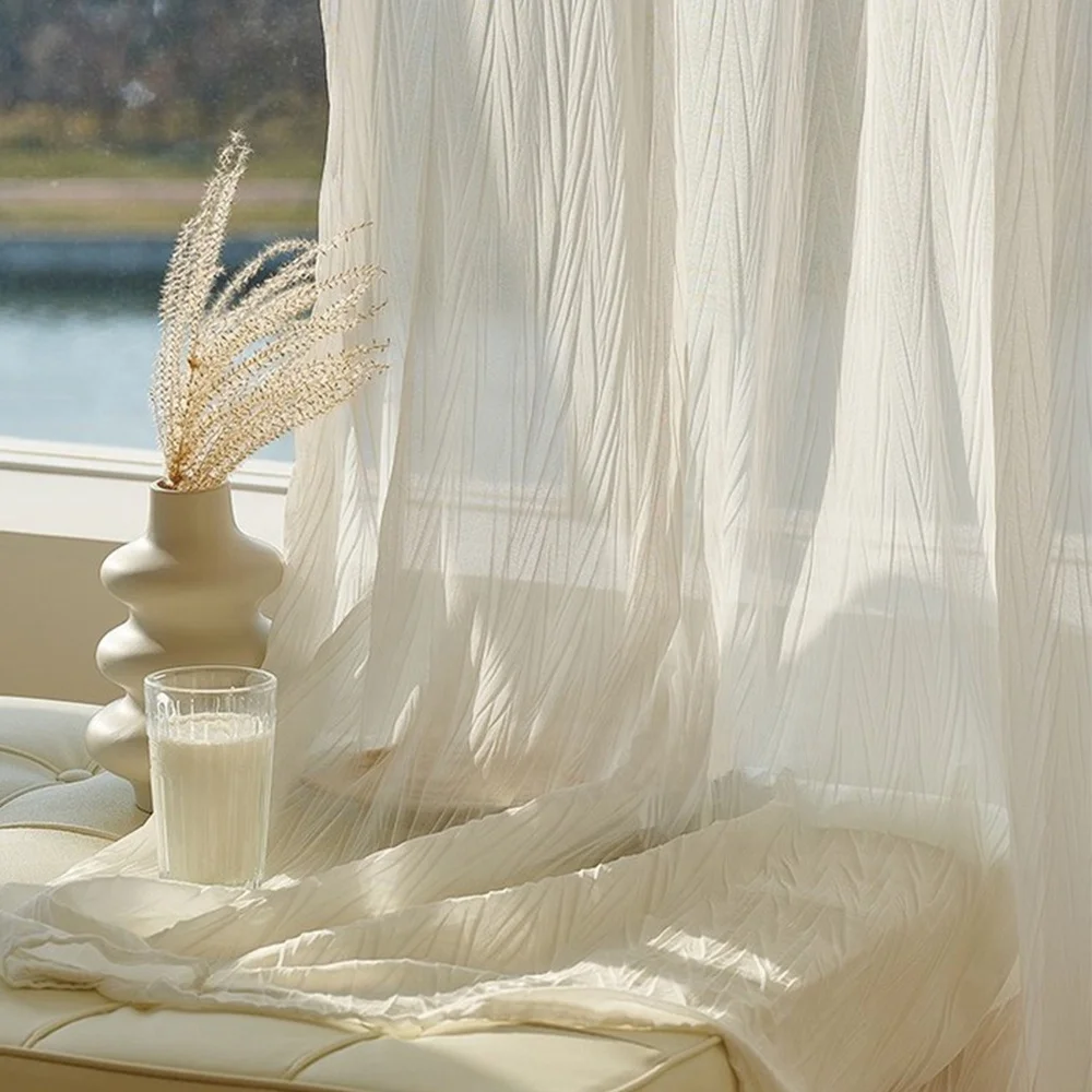 2024 New Beige Color Wrinkle Texture Transparent Pleated Gauze Sheer Curtain for The Living Room Window