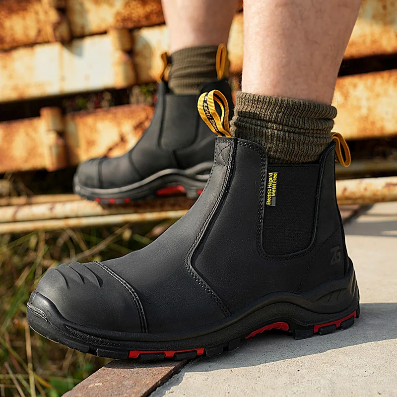 ZG L603 High Quality Chelsea Yellow Work Shoes Dark Brown Coffee Color Crazy Horse Safety Boots, Composite Toe Work Safety Boots