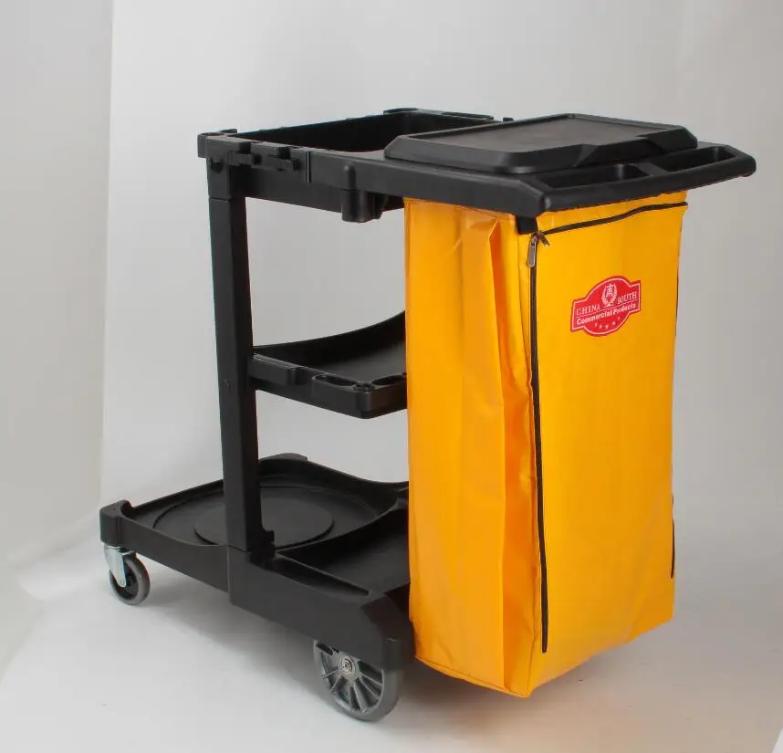 Черная съемная пластиковая тележка для уборщиков больничных и ресторанных