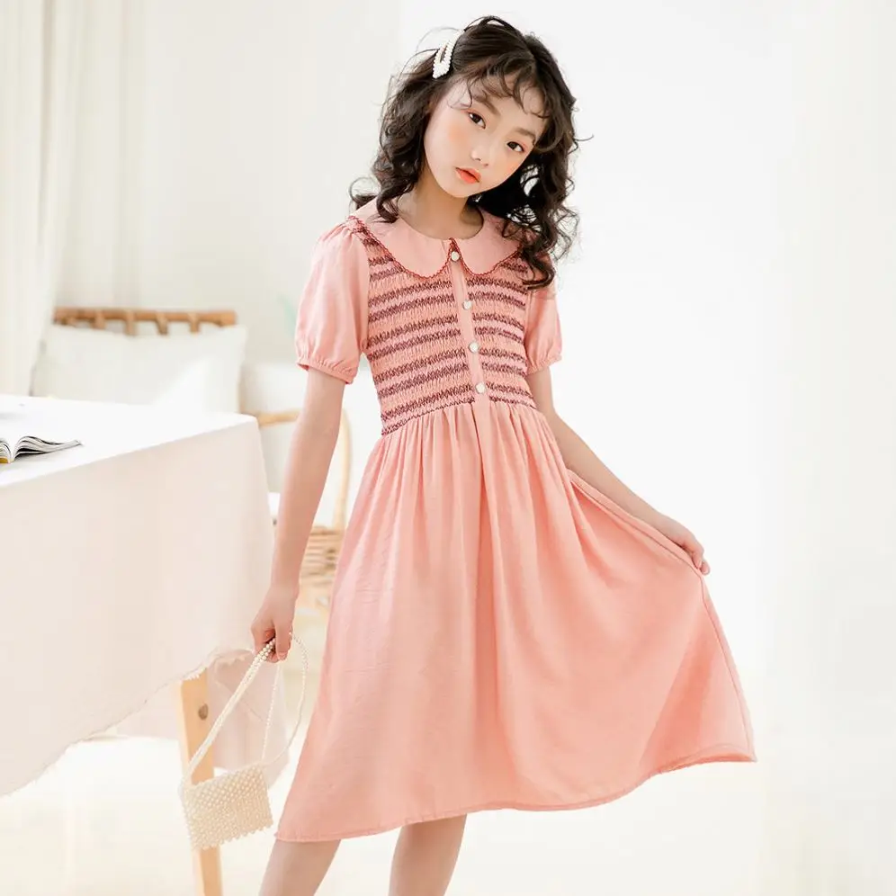 Factory Direct New Summer Short Sleeve Children Dresses Pleated Korean Style Kids Princess Dress for Girls Comfortable Clothes
