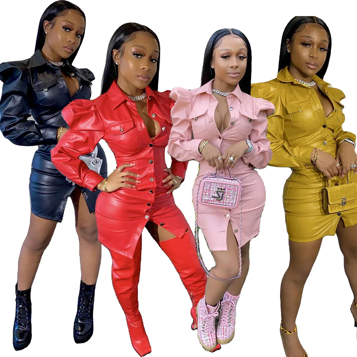 3312 New style comfortable puff sleeve fashion PU dresses single button leather dress for ladies elegant club wear short dress