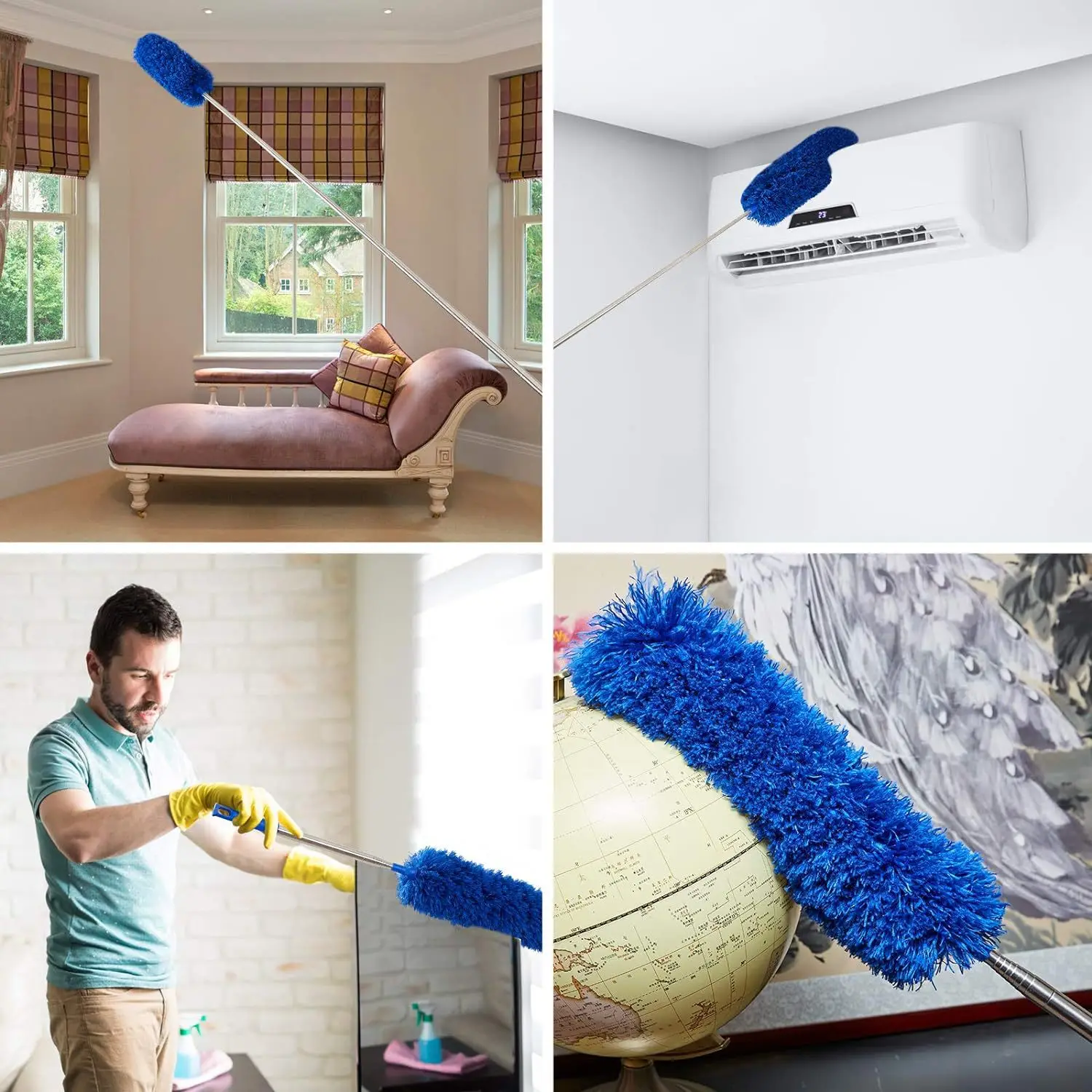 Chenille Blue Microfiber Ceiling Dust Brush Multi-Pole Head Retractable Feather Duster Polyamide Material for Cleaning