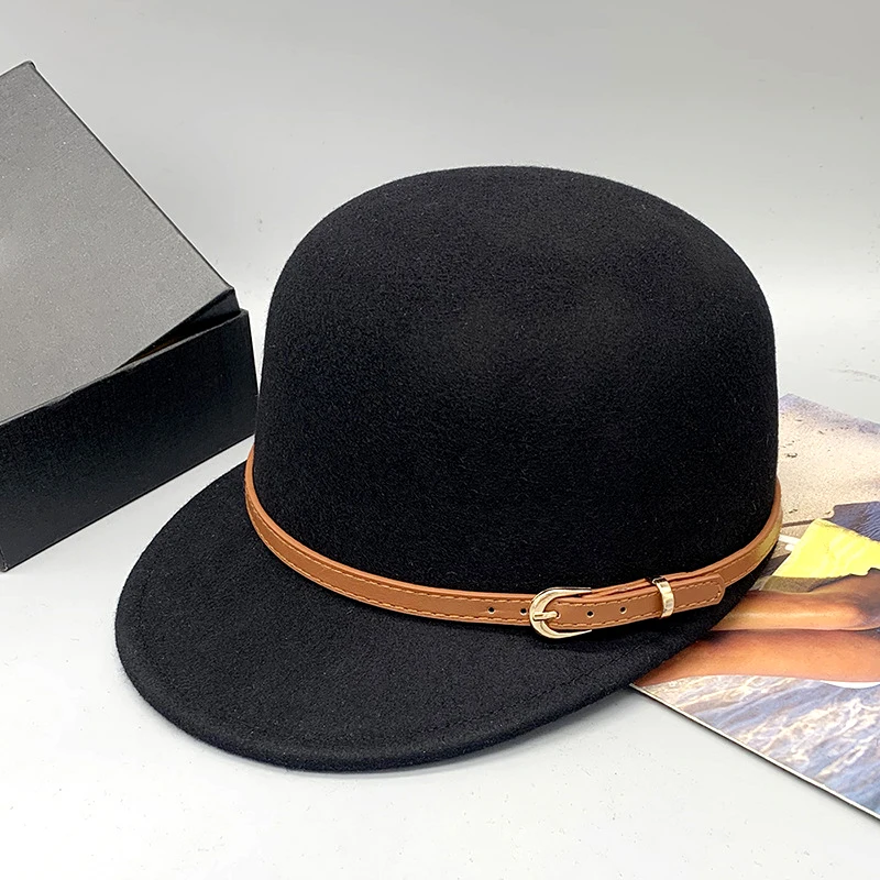 Hot Sale Horse Riding Hats Retro Trendy Dome Bucket Hats Plain Color Belt Wool Warm Top Adjustable Felt Fedora Hats