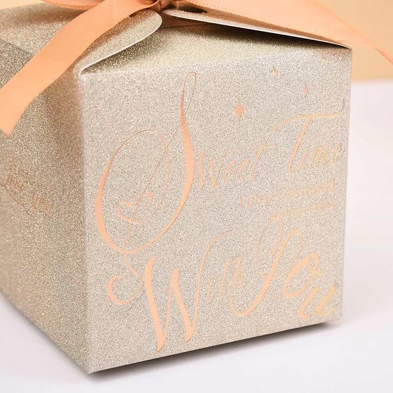 Custom Logo Gold Foil Wedding Candy Box Square Shape Chocolate Favors with Ribbon for Guests Made from Paper