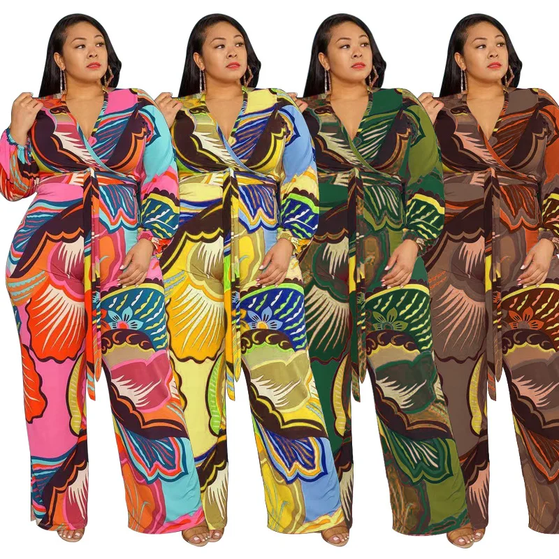 European and American abstract printing deep V-neck loose fashion jumpsuit plus size casual jumpsuit