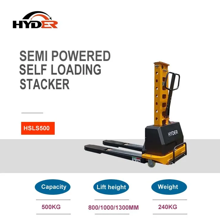 Electric powered self loading stacker for alternative solution to truck ramp and hydraulic pallet truck