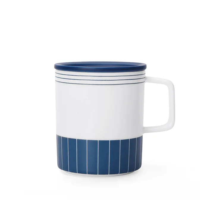 Wholesale Custom 13oz Modern Decorative Blue Printed White Ceramic Coffee Mug with Lid Spoon