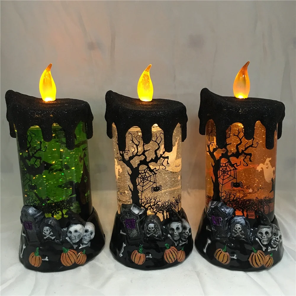 
Battery Operated RGB LED Light Up Glitter Water Filled Tombstone Base Halloween Led Candle 