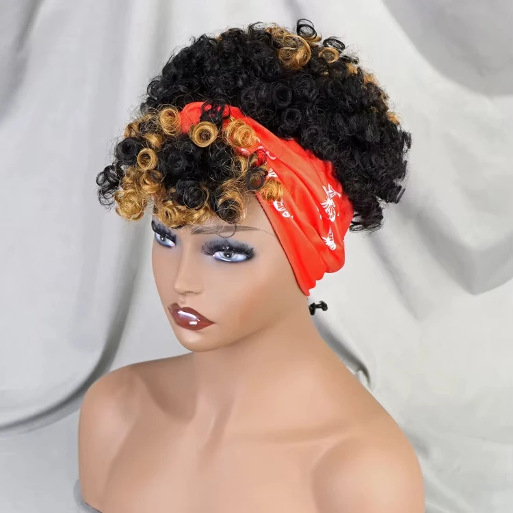 Brazilian Virgin Afro Wig With Headband Glueless Short Bob Wig For Black Women Machine Made Non Lace Pixie Curly Human Hair Wig