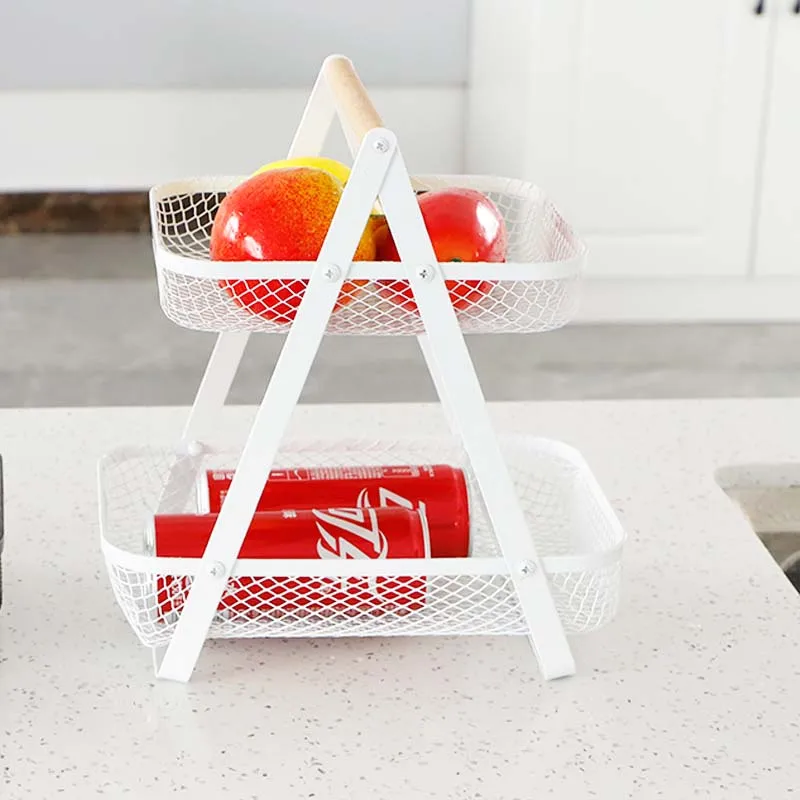 Low moq Hotselling 2-Tier Serving Tray Metal Storage Basket with Wood Handles for Fruit and vegetable