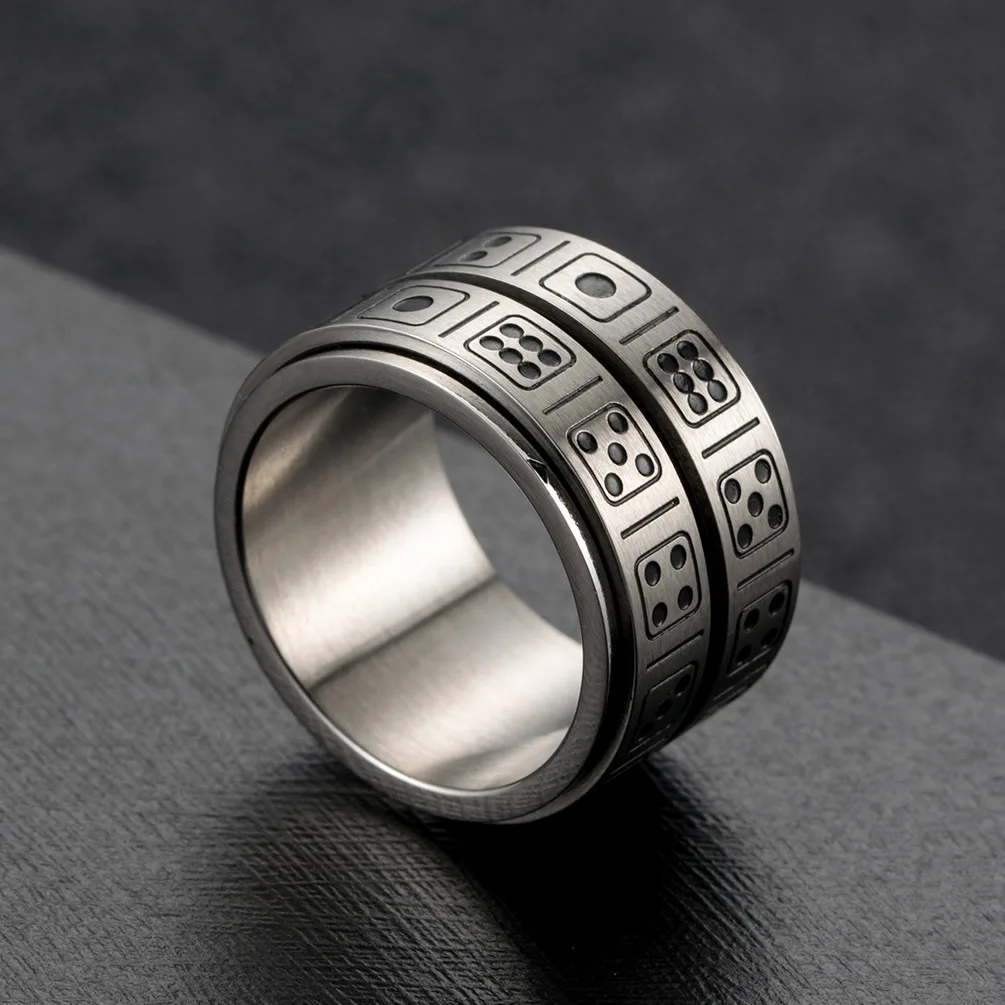 Creative Jewelry Funny Double Layer Round Loop Spin Finger Ring Silver Stainless Steel Engraved Grain Dice Game Ring