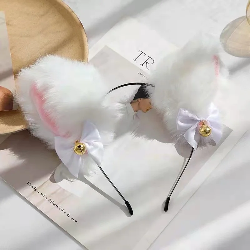 2024 Cat Ear Headband With Bells Necklace Plush Furry Cat Ears Headwear Fancy Dress Hairband Women Girls Party Cosplay Headwear