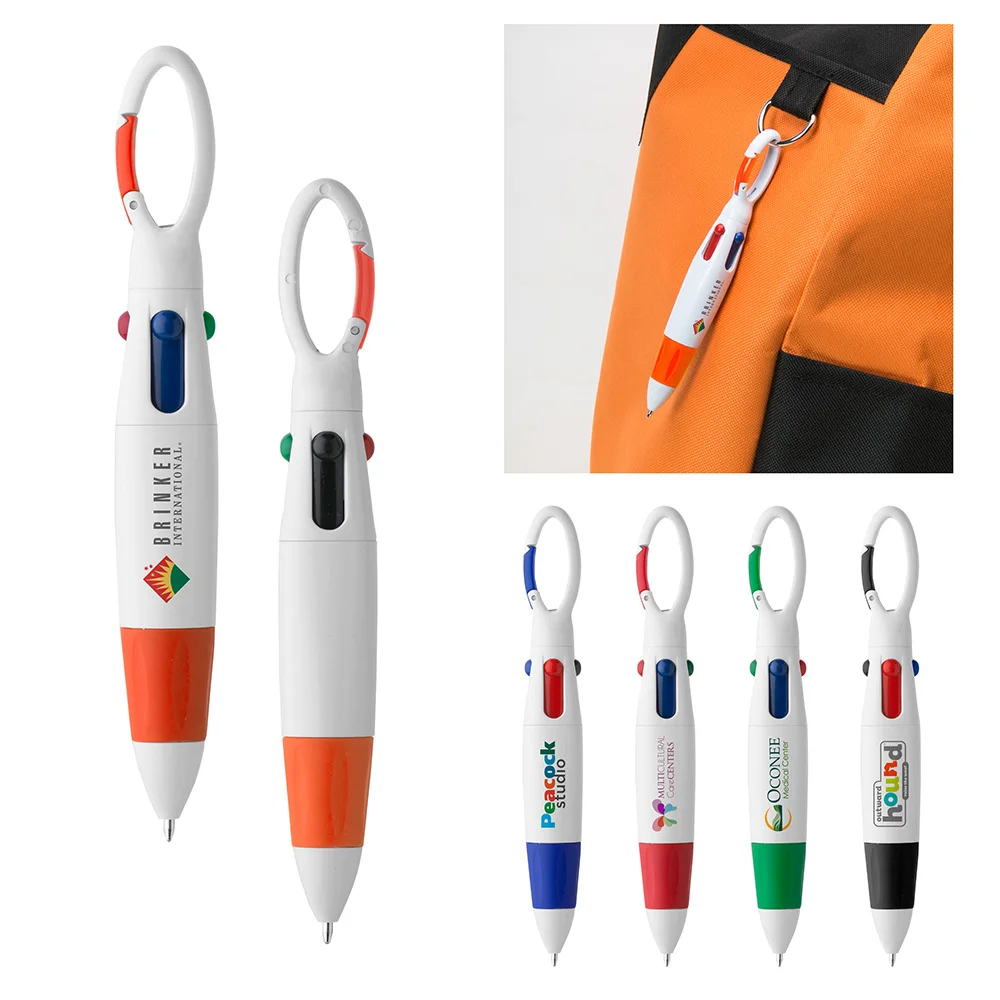 customized Fat multi-color Four 4 color ink Carabiner ballpoint pens with rubber grip,black blue green red 4 in 1 color ball pen