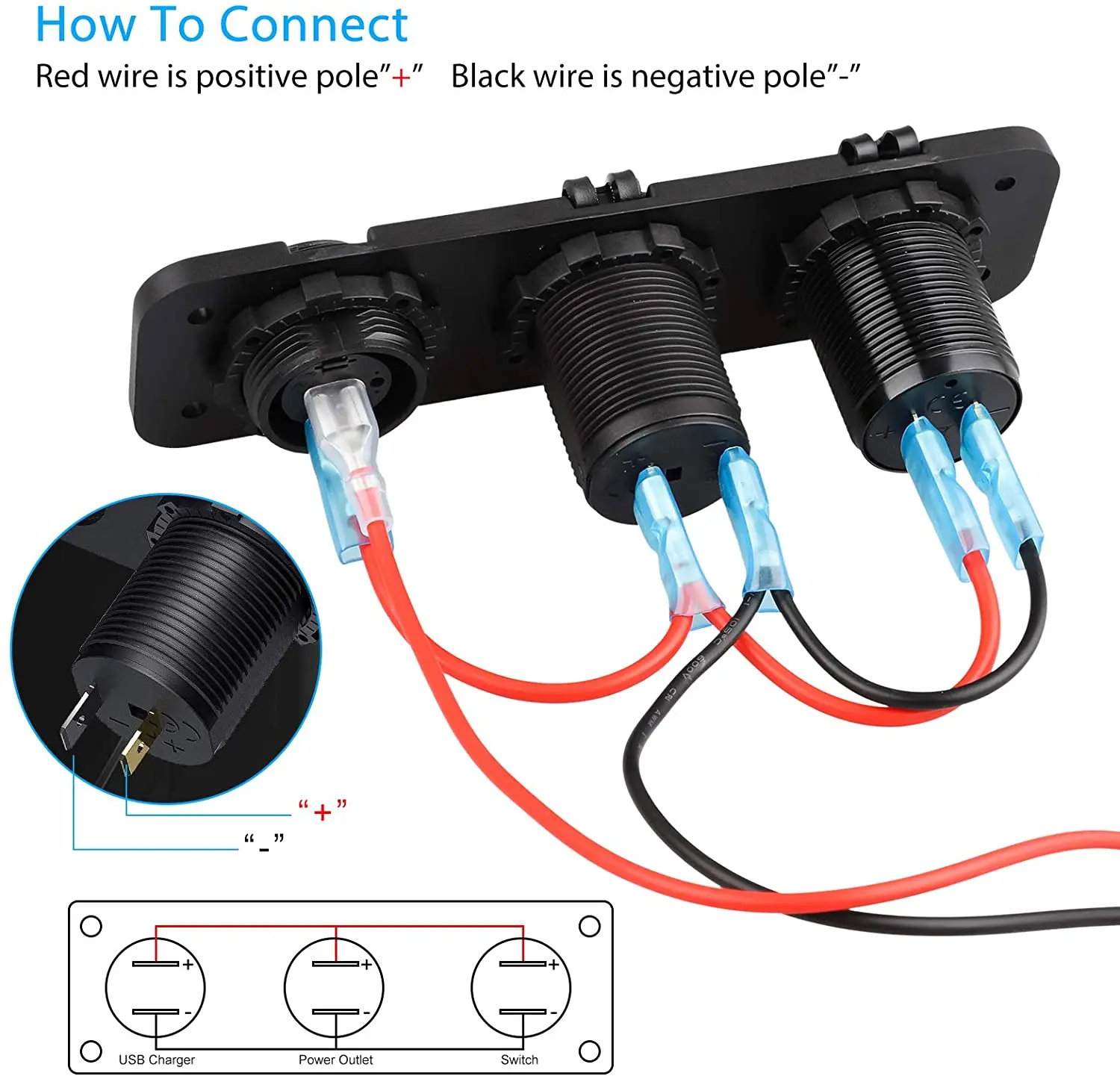 QC 3.0  Dual USB Car Socket + LED Digital Voltmeter+ Cigarette Lighter Socket Splitter + LED Lighted ON Off Rocker switch