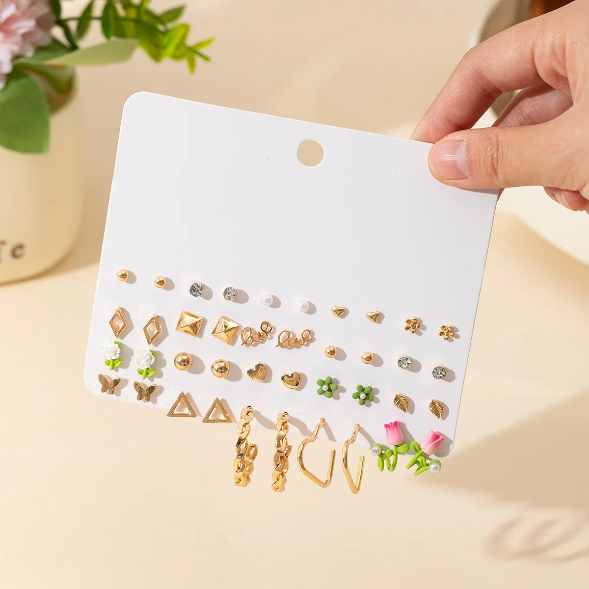 Factory Wholesale Cheap Gold Plated 20 Pairs Heart Love Green Flower Earring Studs Twisted Heart Shaped Hoops Earring Sets