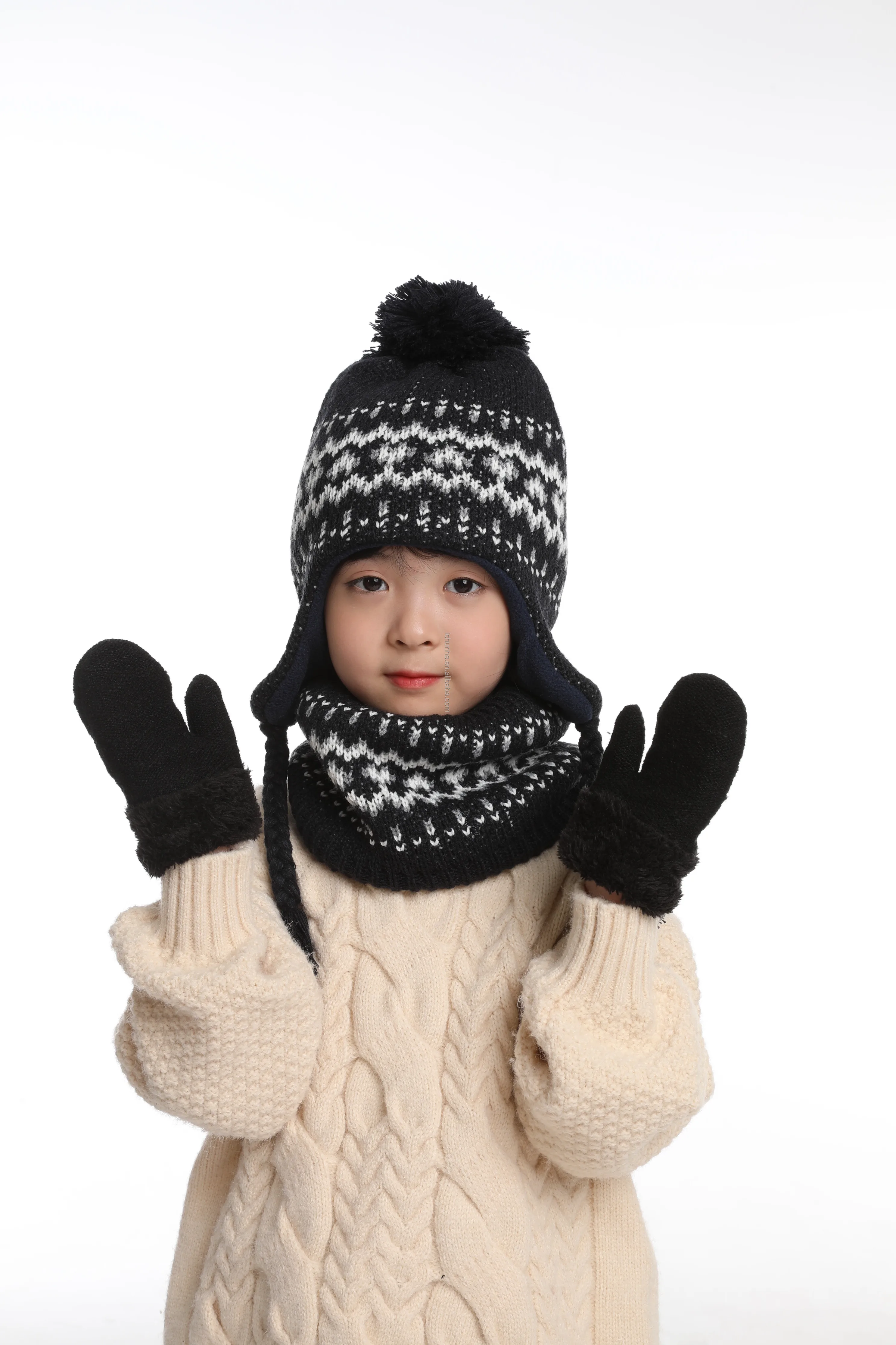 New Arrival  Kids Cute Warm Knitted Hat With Earflap Mittens and Scarf  Sets for Boys Girls