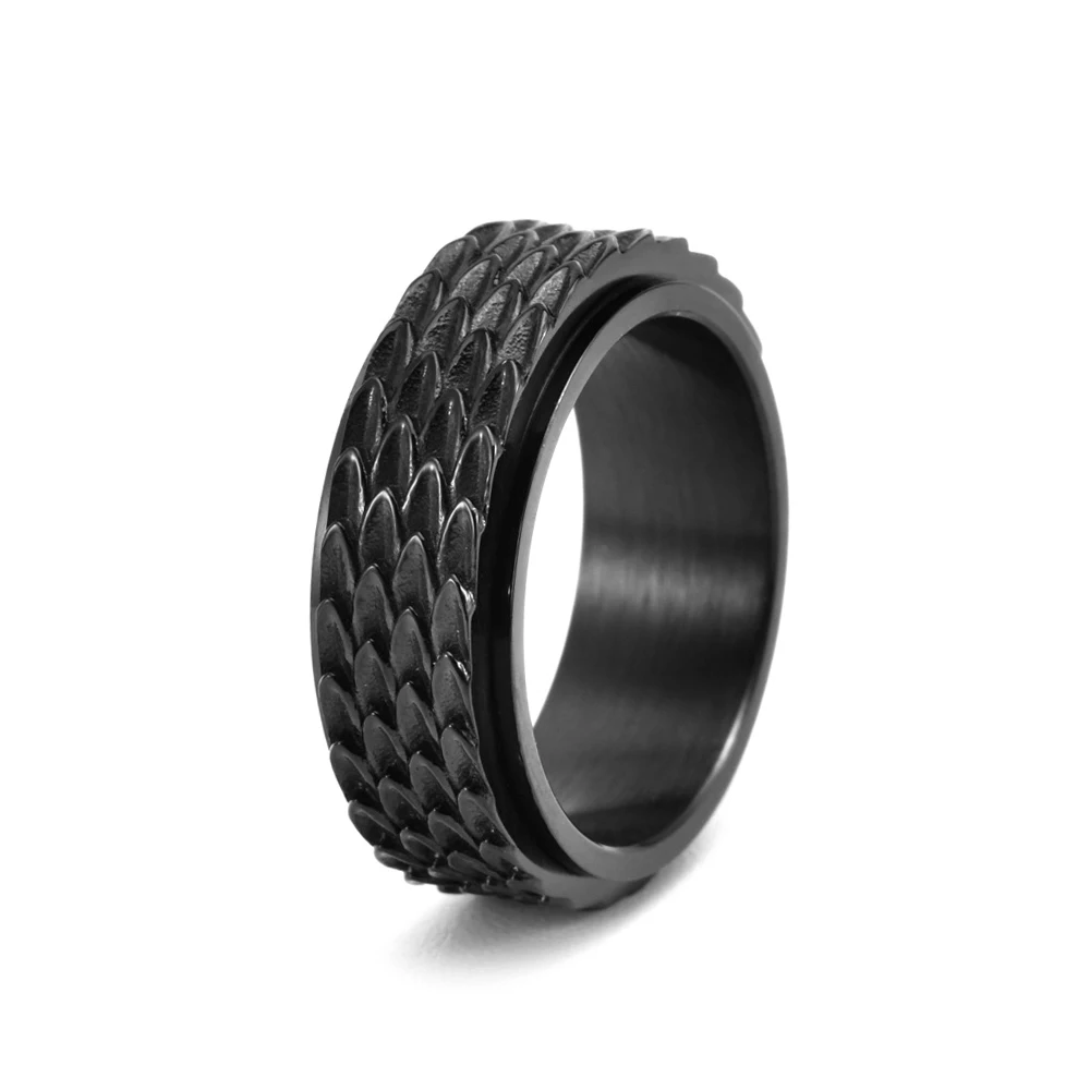 new 8mm Vintage Titanium Steel Ring Gold Black Ancient Silver Dragon Scale Rotatable Stainless Steel Ring finger rings 575