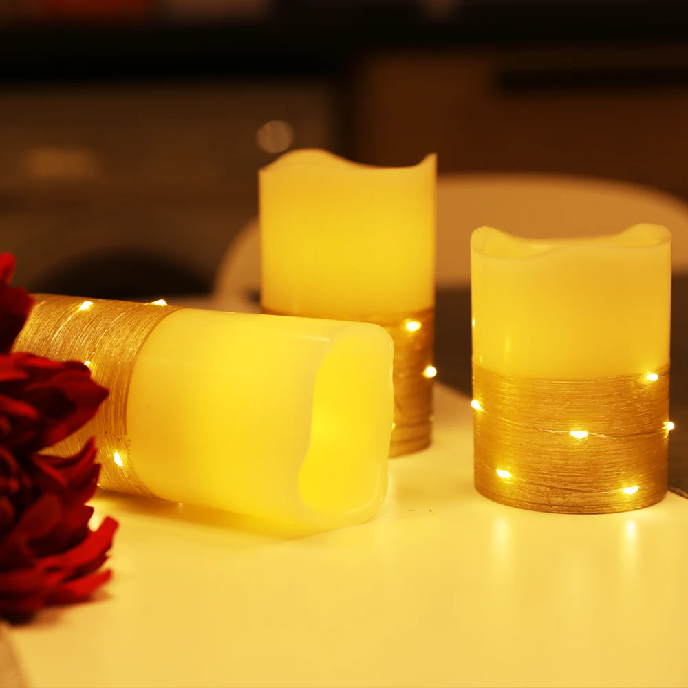 Set of 3 flameless battery operated flickering timer led paraffin wax candle