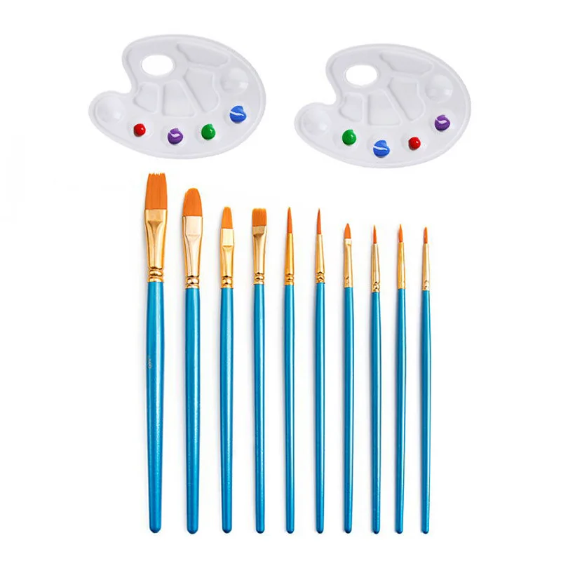 12pcs One Set Nylon Wool Brush Acrylic Painting Watercolor Brush Painting Brush with Color Palette