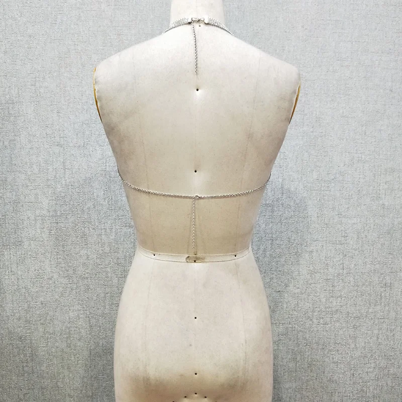 2024 Fashion Backless Triangle Gold Silver Splicing Pattern  Aluminum Rhinestone Mesh Crystal Crop Top