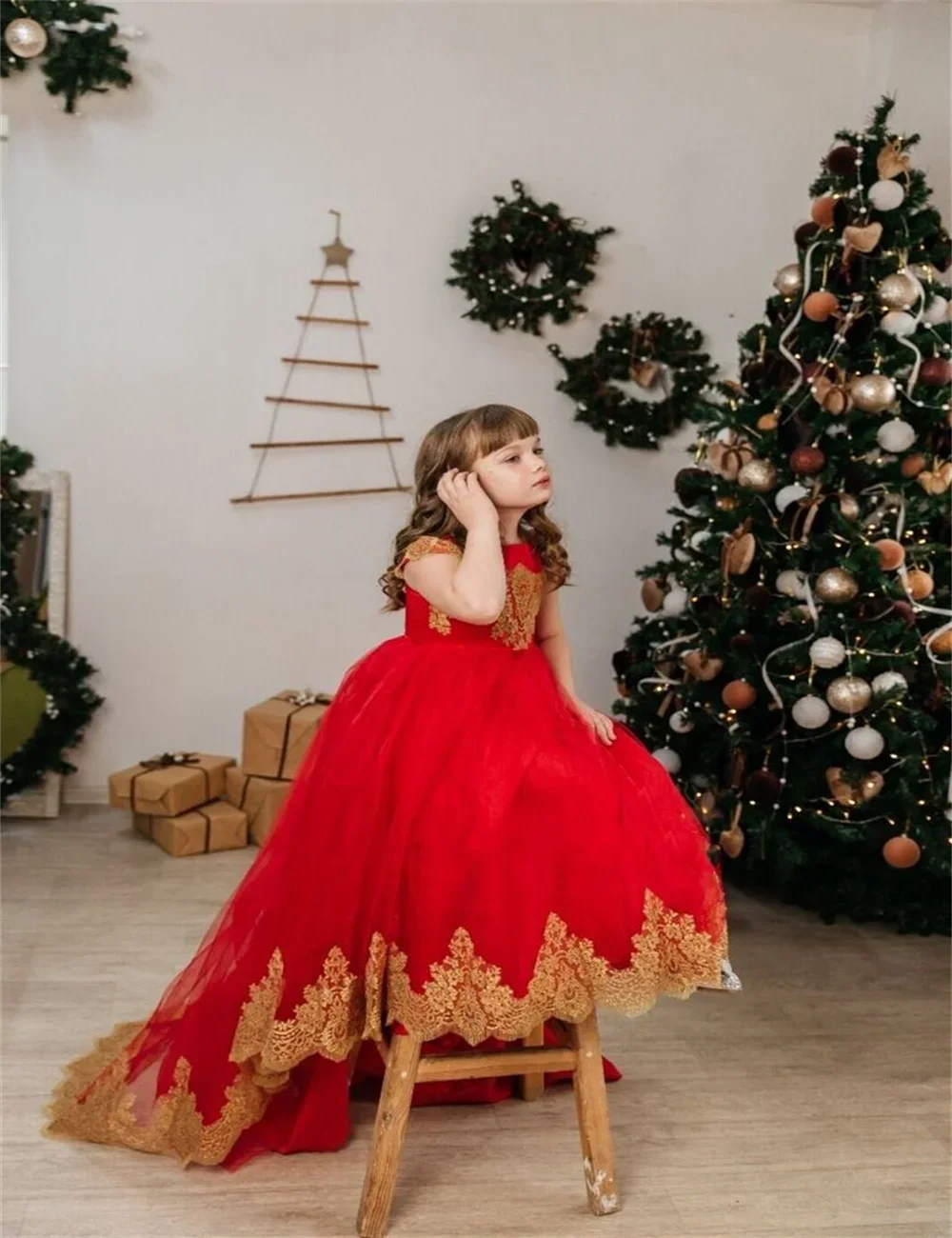 New Ball Golden Lace Tulle Red Flower Girl Dresses Long Train Wedding Customized Homecoming Guest Dress for Communion Birthday