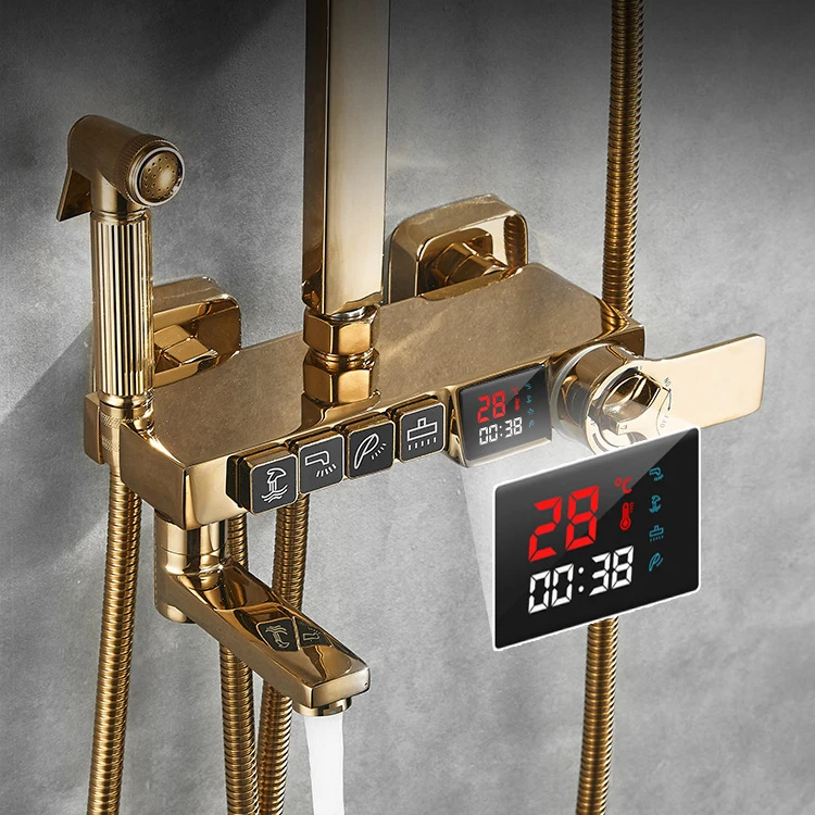 Bathroom Thermostatic Shower Set Hot Sale Led Digital Display Wall Mounted Black and Gold Color Brass Chrome Contemporary CN;GUA