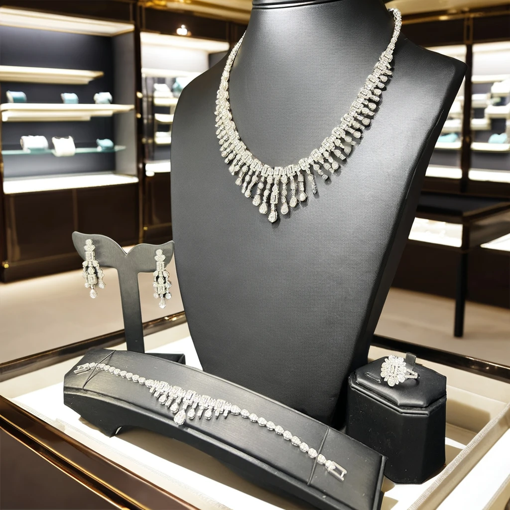 Arabic Bridal Jewelry Sets Gorgeous Cubic Zirconia White Gold Tassel jewelry Wedding Necklace Earrings Party Jewelry Sets