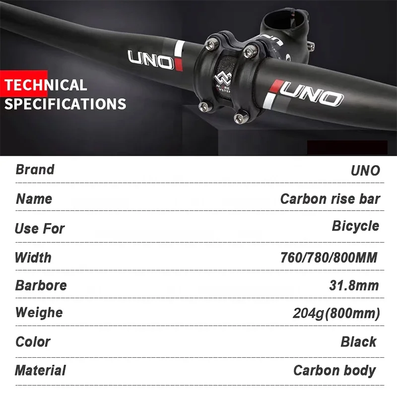UNO 760/780/800mm Bicycle Carbon Handlebar MTB 31.8mm Bike Carbon Fiber Handlebar
