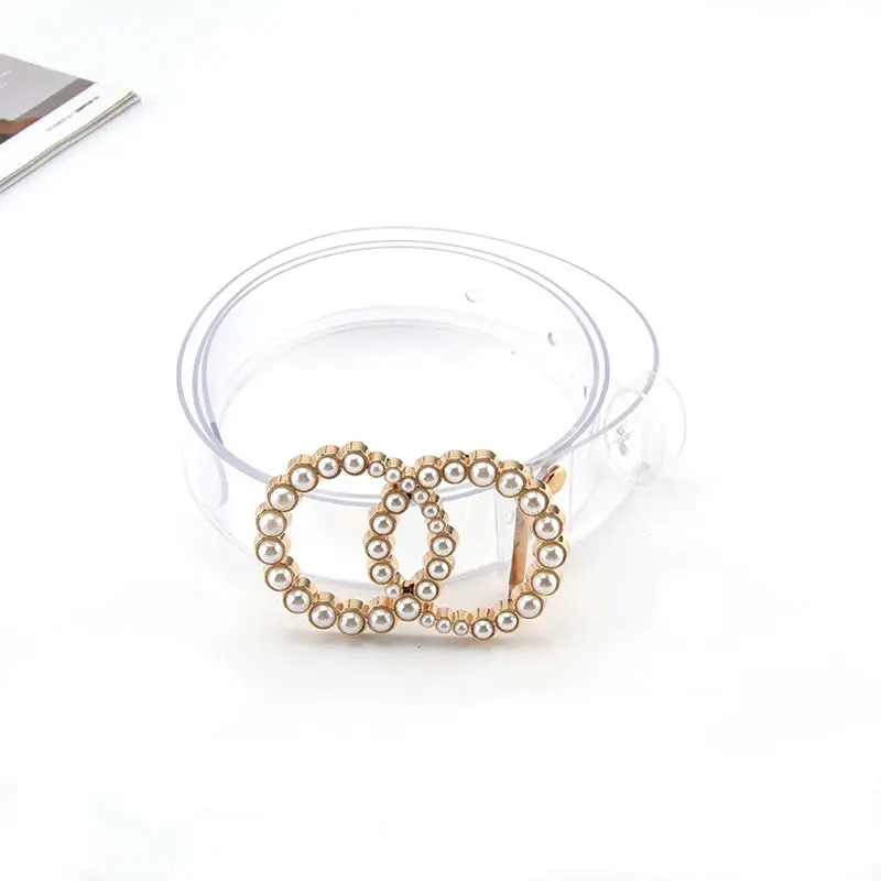 Custom Pearl Rhinestone Pin Buckle Waist Belt Resin Plastic PVC Clear Transparent Belts for Women