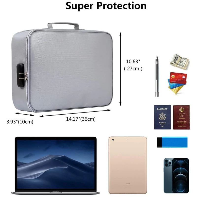Fireproof Water-Resistant Document Organizer Bag 4-Layer Large Space File Storage Case with Lock Safe for Important Documents