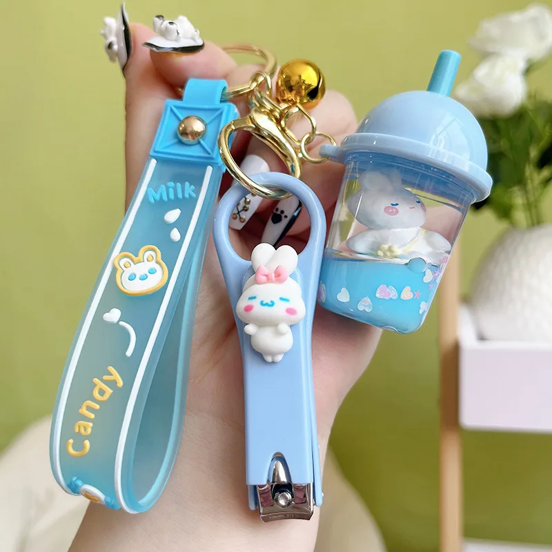 Lilangda Creative Acrylic Liquid Kawaii Keychains Little Rabbit Milk Tea Cup Delicate Nail Clips Accessories Fashion Bag Pendant